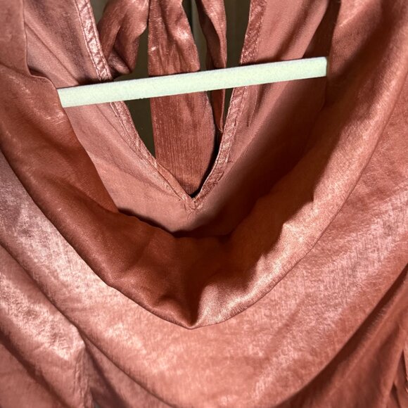 Aura | Size L | Silky Terracotta Cowl Blouse with Bow Neck and Jewel Buttons - Picture 5 of 11